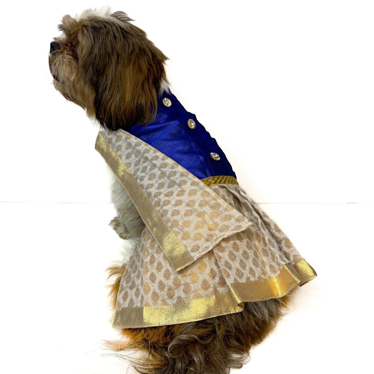 Royal Blue Kasavu Kurta-Mundu with Dupatta | South Indian | For Dogs | Pawgy Pets