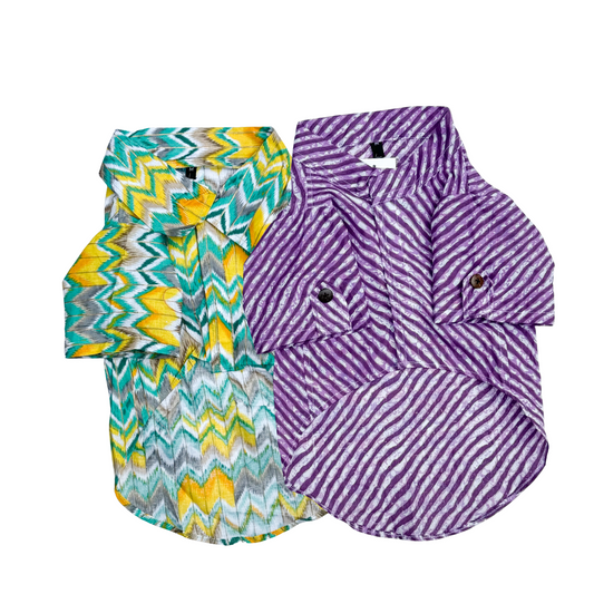 Pack of 2 - Dog Kurtas: Zig-Zag Green & Purple Lehriya