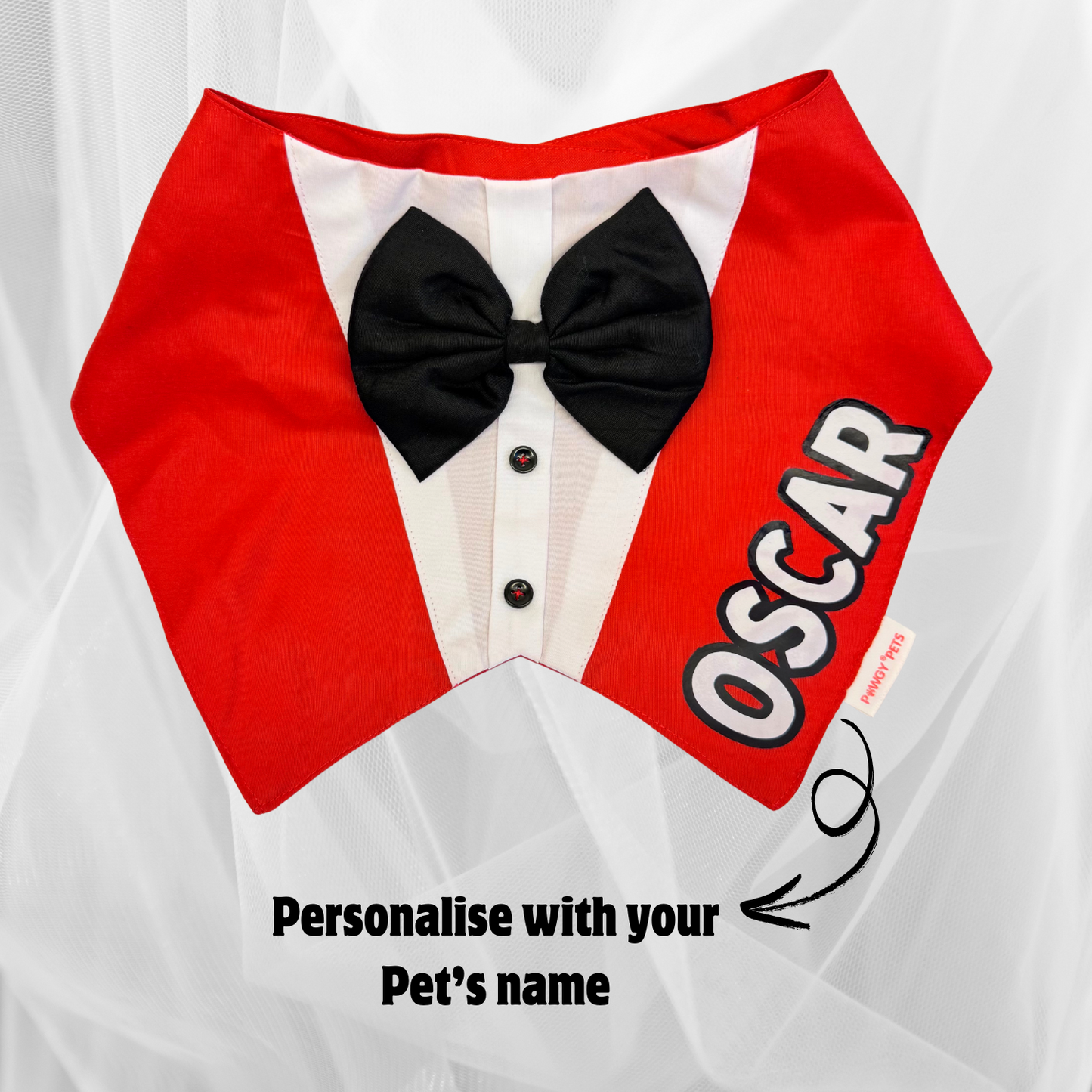 Pawgy Pets Personalised Formal Tux Bandana: Red for Dogs & Cats