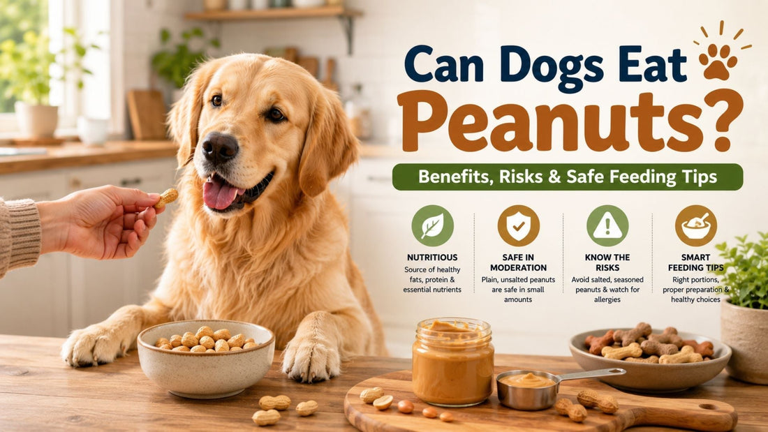 Golden Retriever eating a peanut treat in a kitchen setting with peanuts and peanut butter, demonstrating the benefits and risks of feeding peanuts to dogs.