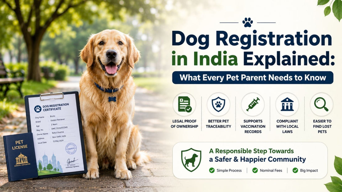 Dog registration in India explained with a Golden Retriever, registration certificate, pet license, and ownership documents displayed outdoors.