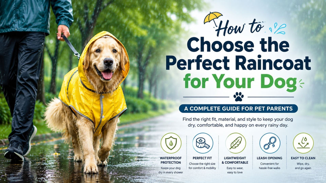 Dog wearing a waterproof raincoat during a rainy outdoor walk.