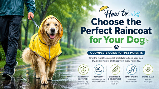 Dog wearing a waterproof raincoat during a rainy outdoor walk.