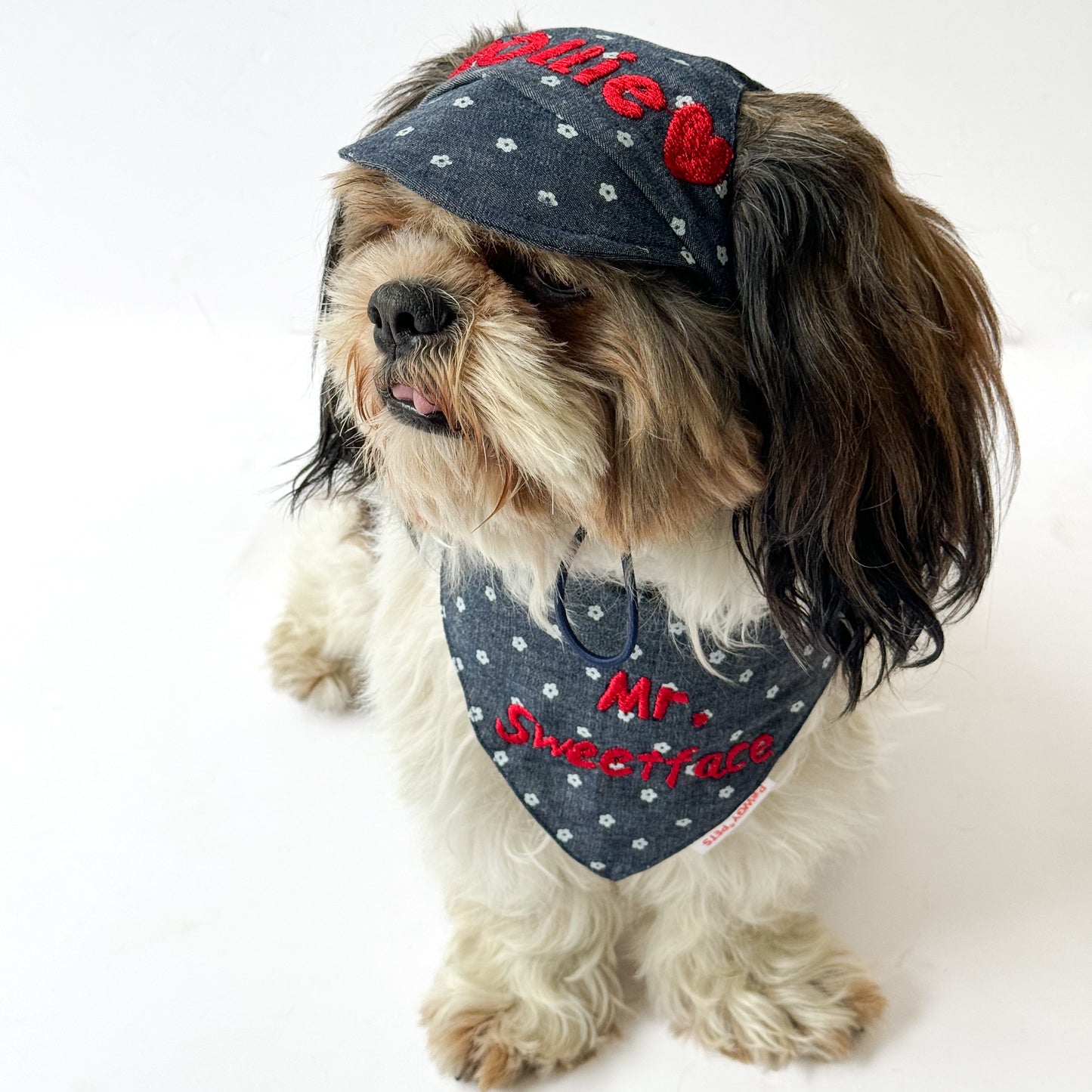 Pawgy Pets Personalised Dog Cap and Bandana: Floral Denim for Dogs & Cats