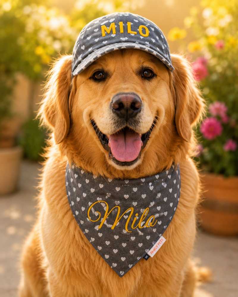 Denim Heart Cap and Bandana Set | Personalised for Dogs | Pawgy Pets