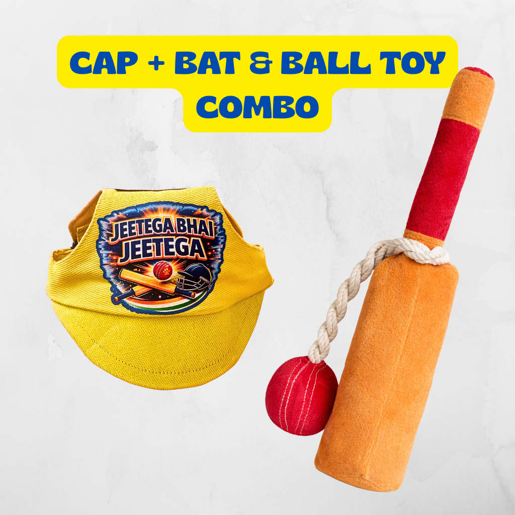 Pawgy Pets Jeetega bhai jeetega Cap + Cricket Bat-ball Plush+ Rope Toy