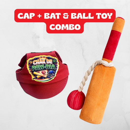 Chak De Paw-dia Gift Set | Cap + Cricket Plush + Rope Toy | Pawgy Pets