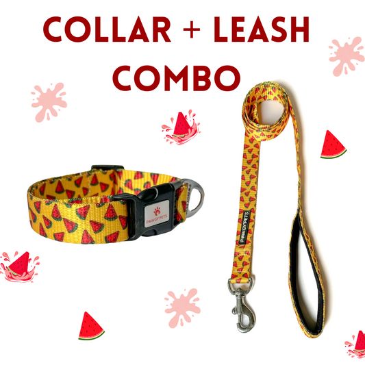 Pawgy Pets Collar & Leash Combo: Yellow Watermelon Green for Dogs and Cats (Copy)