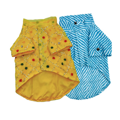 Pack of 2 - Dog Kurtas: Festive Yellow & Lehriya Blue