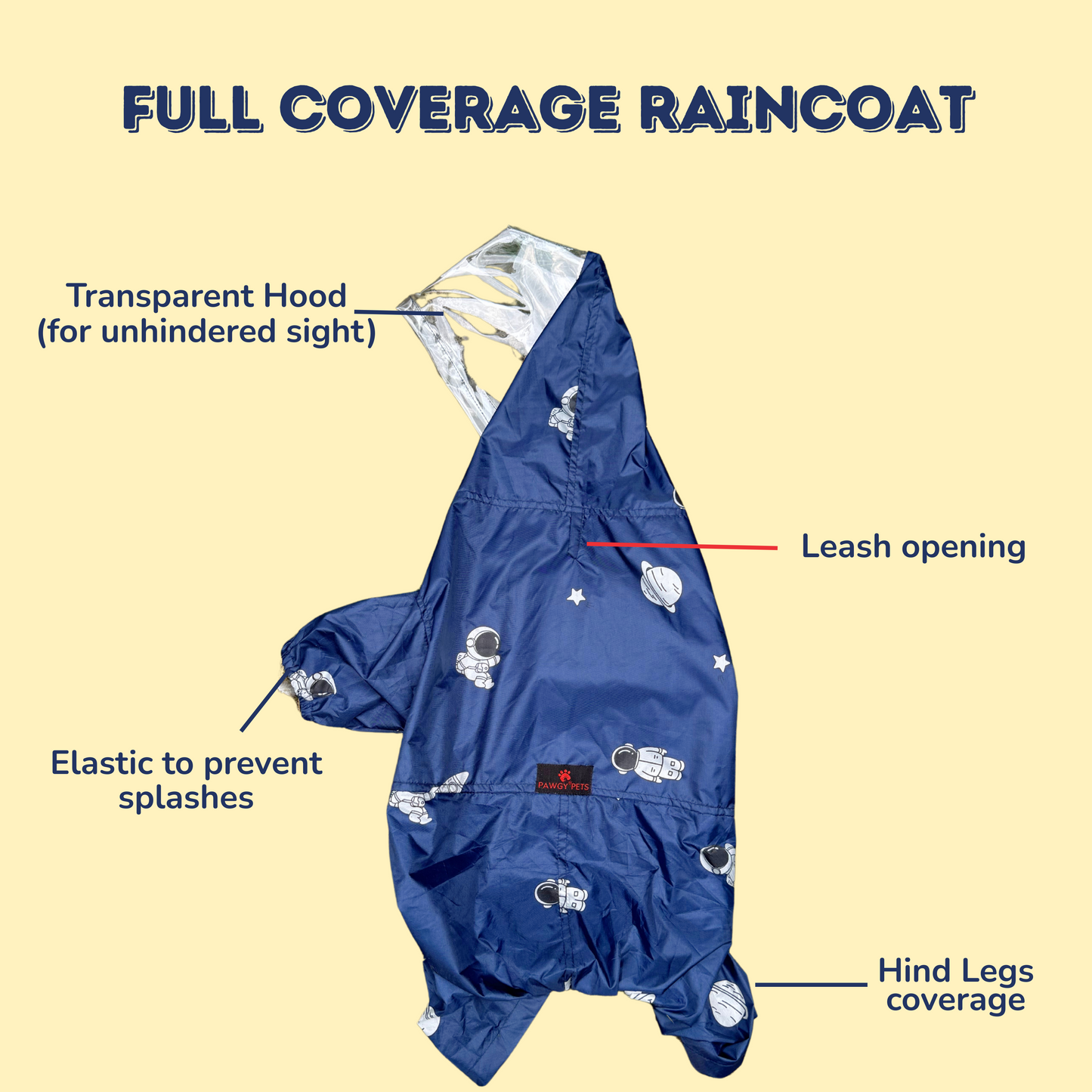Navy Blue Astronaut Full Coverage Raincoat | For Dogs | Pawgy Pets
