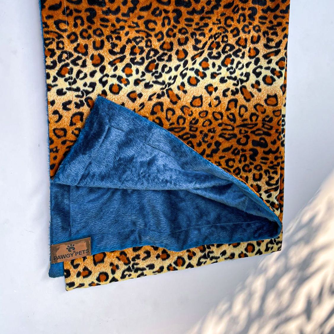 Pawgy Pets Personalised Furry Reversible Blanket For Pets -  Leopard print & blue (Customised) for Dogs & Cats
