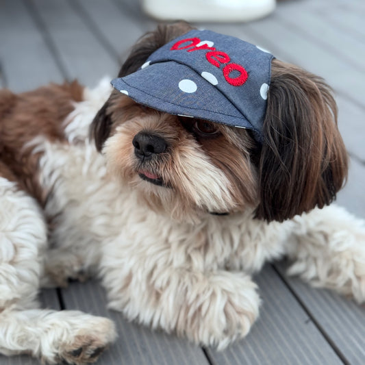 Pawgy Pets Personalised Dog Cap Denim Polka for Dog & Cats