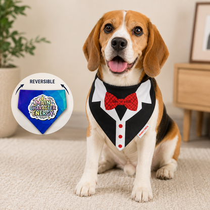 Reversible Dog Bandana – Main Character Energy & Tuxedo | Adjustable Pet Bandana for Dogs (13–27 Inch Neck) | Pawgy Pets