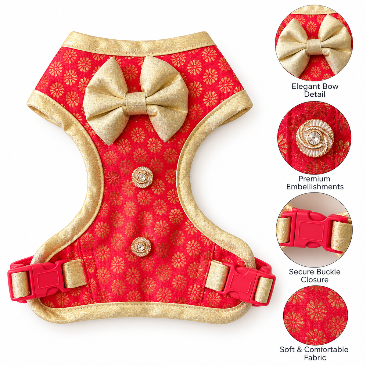 Pawgy Pets Celebration Harness & Leash for Dogs - Red and Gold