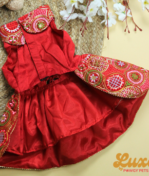 Luxe by Pawgy Pets Red Embroidered Lehenga Dress