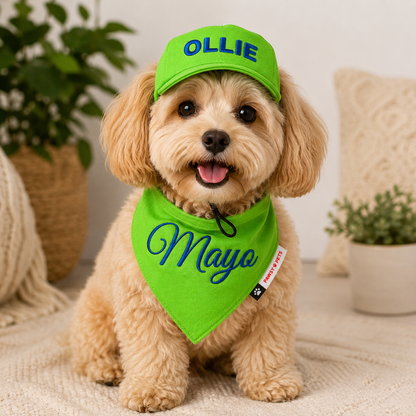 Lime Green Cap and Bandana Set | Personalised for Dogs | Pawgy Pets