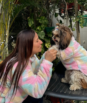 Pawgy Pets Human Rainbow fur Jacket+ Pet Rainbow fur sweater for dogs & cats