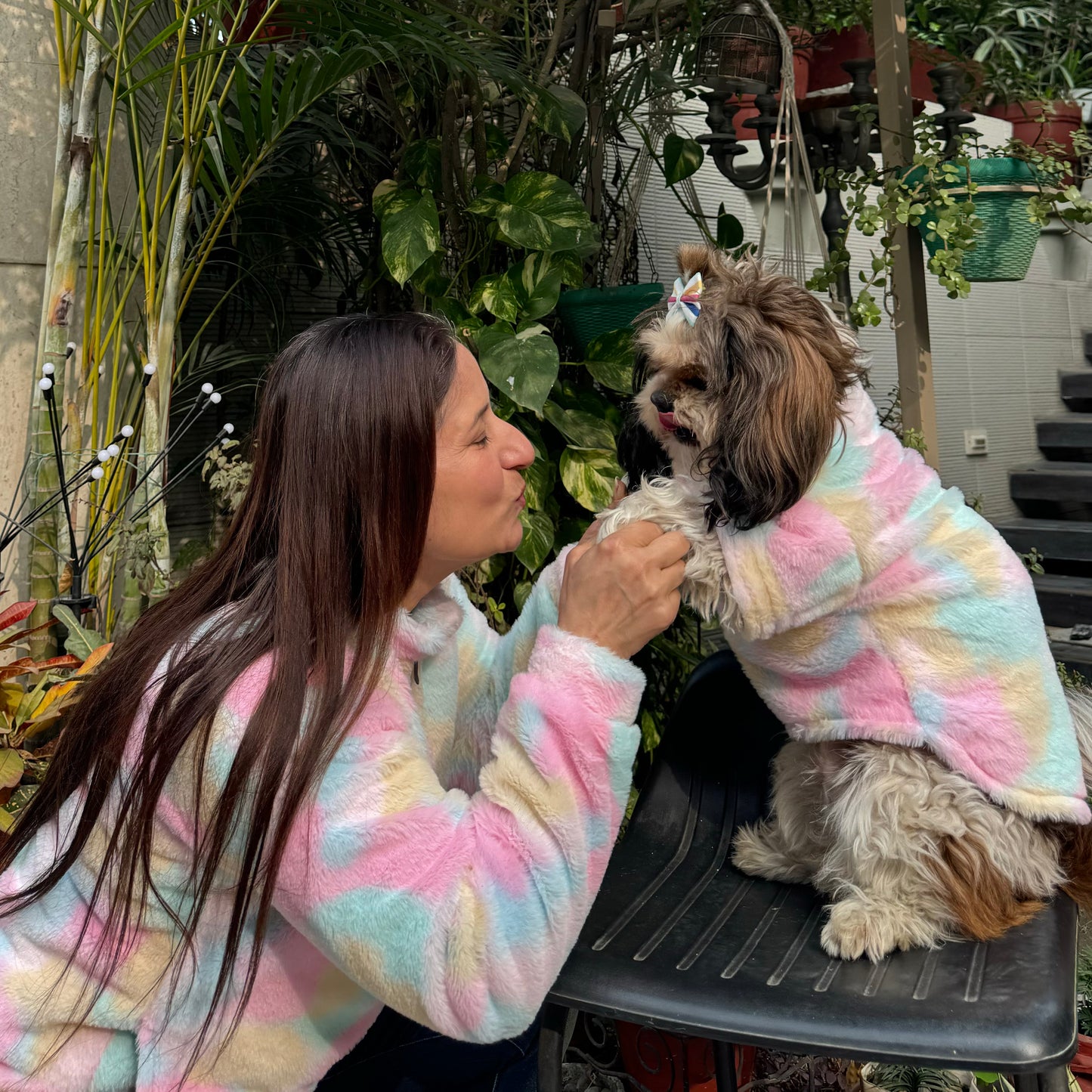 Pawgy Pets Human Rainbow fur Jacket+ Pet Rainbow fur sweater for dogs & cats