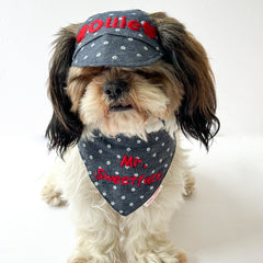 Pawgy Pets Personalised Dog Cap and Bandana: Floral Denim for Dogs & Cats