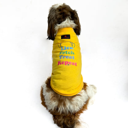 Pawgy Pets T-shirt Lick Fetch Treat Repeat Yellow for Dogs & Cats