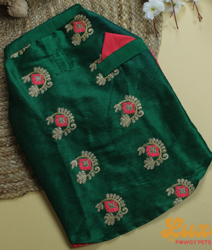 Luxe by Pawgy Pets Kurta & Hand-embroidered Nehru Jacket Bottle Green