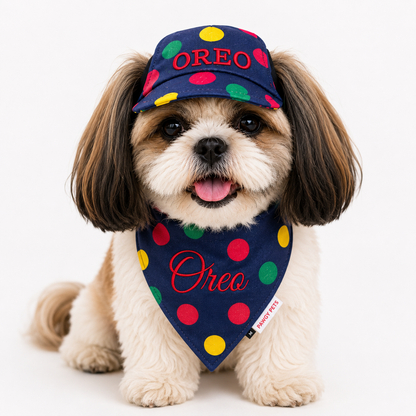 Denim Multi Polka Cap and Bandana Set | Personalised for Dogs | Pawgy Pets