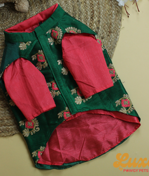 Luxe by Pawgy Pets Kurta & Hand-embroidered Nehru Jacket Bottle Green