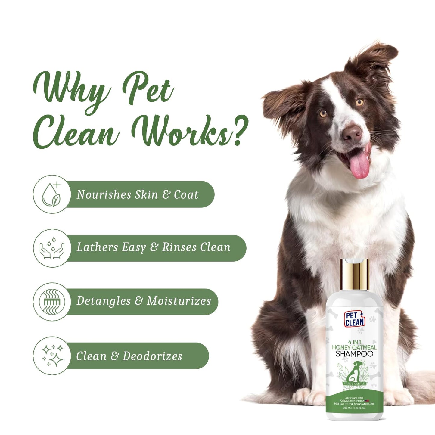 Pet Clean 4-in-1 Oatmeal Shampoo for Dog for Dry, Itchy & Sensitive Skin, Complete Coat Care for Cats and Other Pets (300 ml, Honey and Oatmeal)