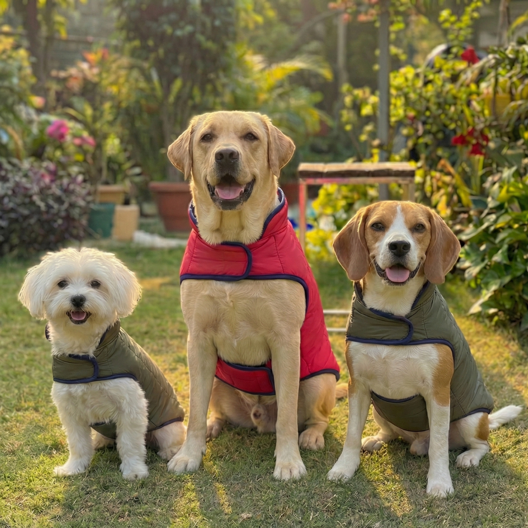 Red & Green Reversible Puffer Jacket | For Dogs & Cats | Pawgy Pets
