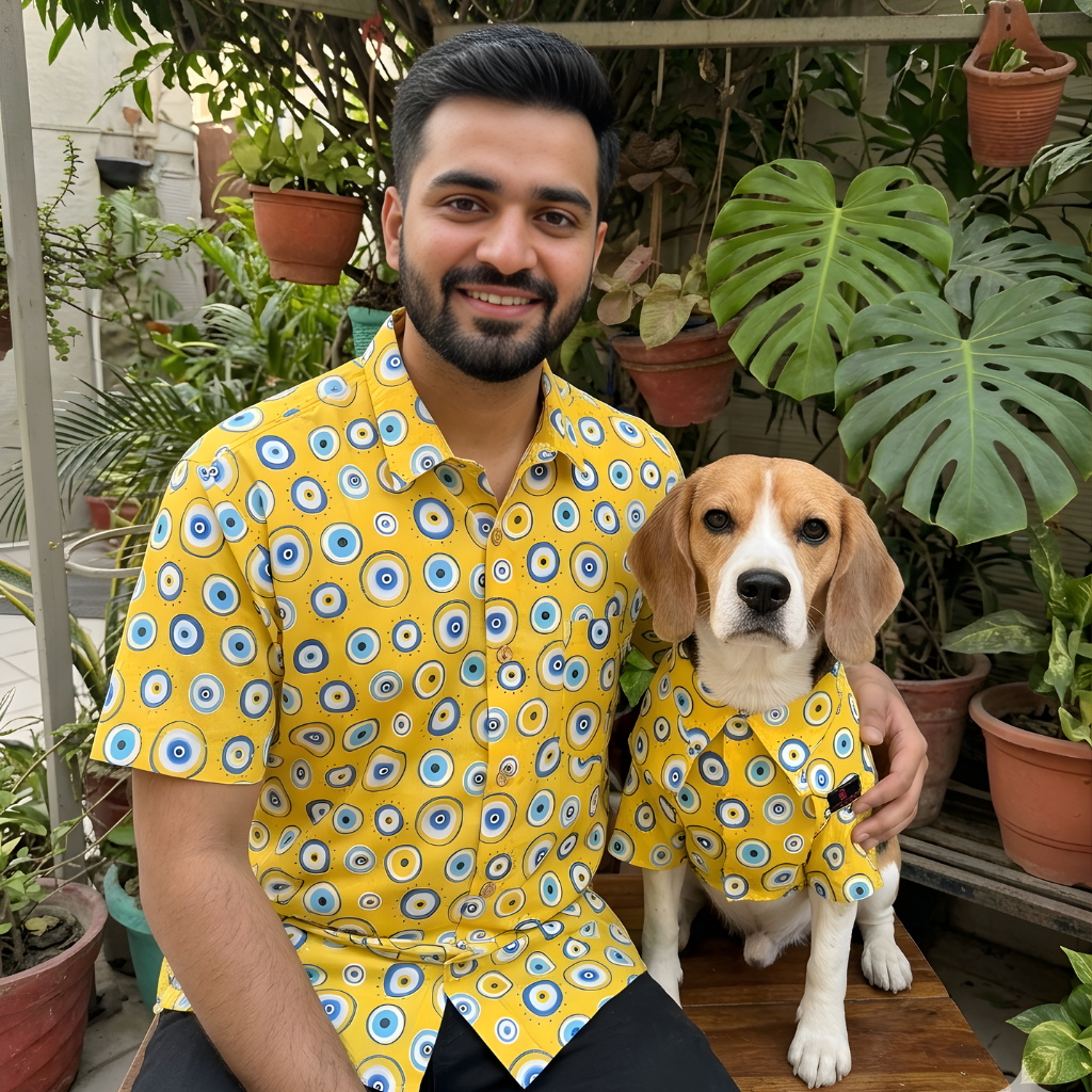 Unisex Quirky Shirt for Human + Dog Shirt Twinning set (Yellow Evil Eye)