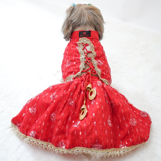 Pawgy Pets Red Net Lehenga for Dogs & Cats