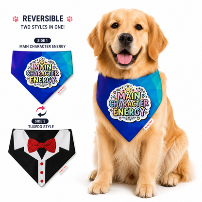 Reversible Dog Bandana – Main Character Energy & Tuxedo | Adjustable Pet Bandana for Dogs (13–27 Inch Neck) | Pawgy Pets