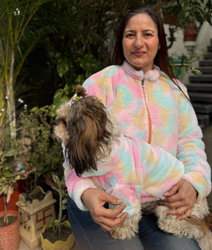 Pawgy Pets Human Rainbow fur Jacket+ Pet Rainbow fur sweater for dogs & cats