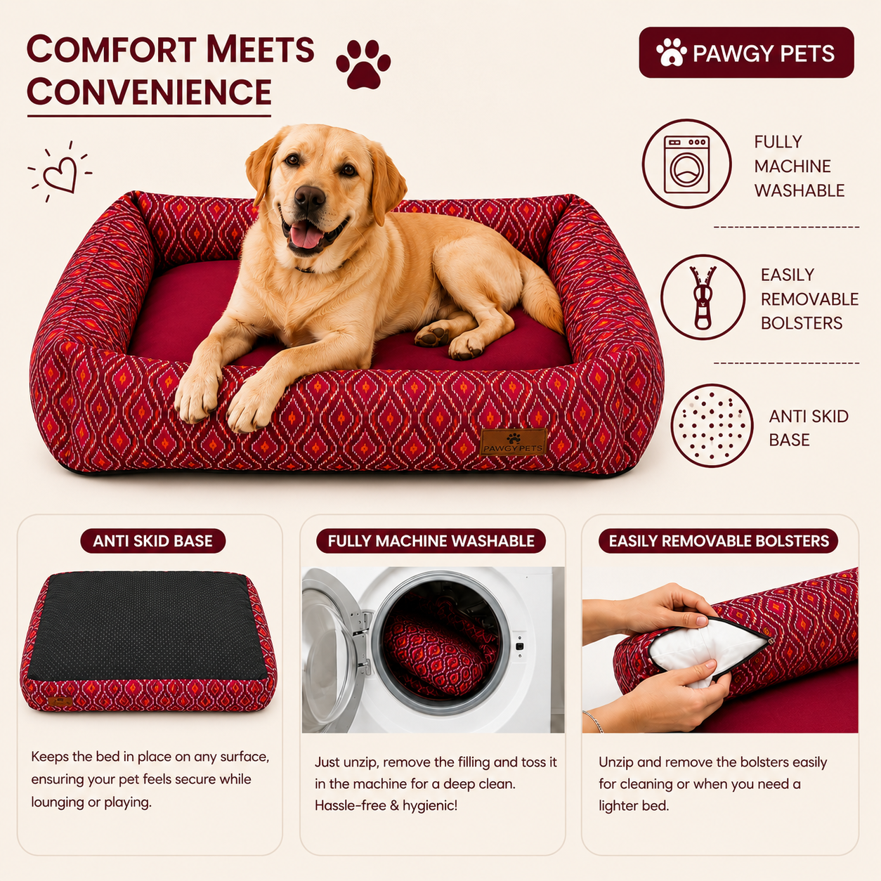 Ikat Maroon Bed | Dog Bed | Pawgy Pets