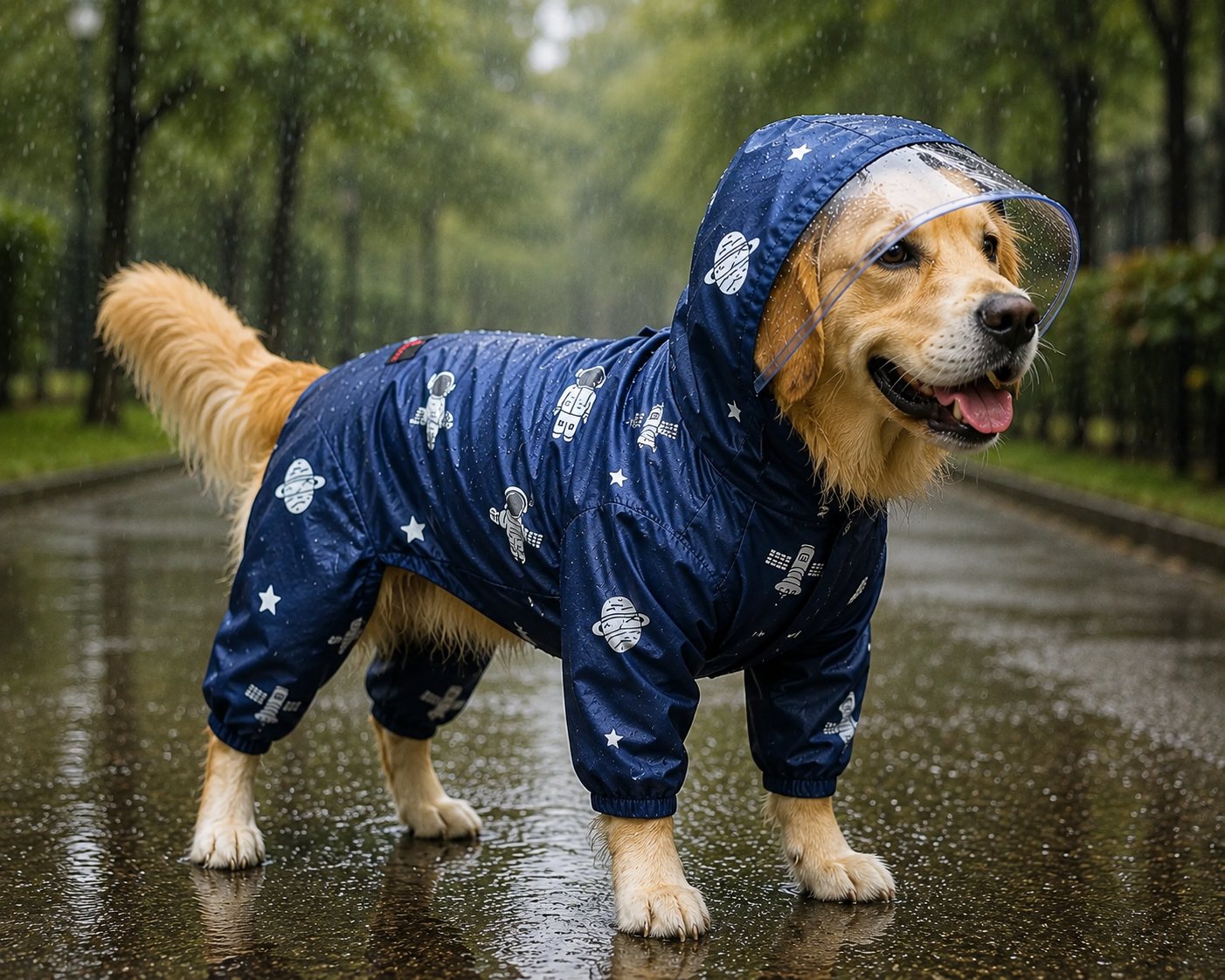 Navy Blue Astronaut Full Coverage Raincoat | For Dogs | Pawgy Pets
