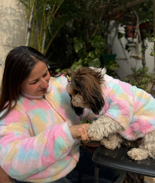 Pawgy Pets Human Rainbow fur Jacket+ Pet Rainbow fur sweater for dogs & cats