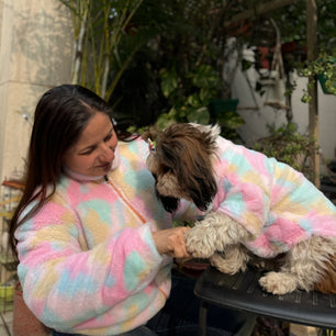 Pawgy Pets Human Rainbow fur Jacket+ Pet Rainbow fur sweater for dogs & cats