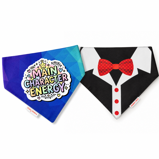 Reversible Dog Bandana – Main Character Energy & Tuxedo | Adjustable Pet Bandana for Dogs (13–27 Inch Neck) | Pawgy Pets