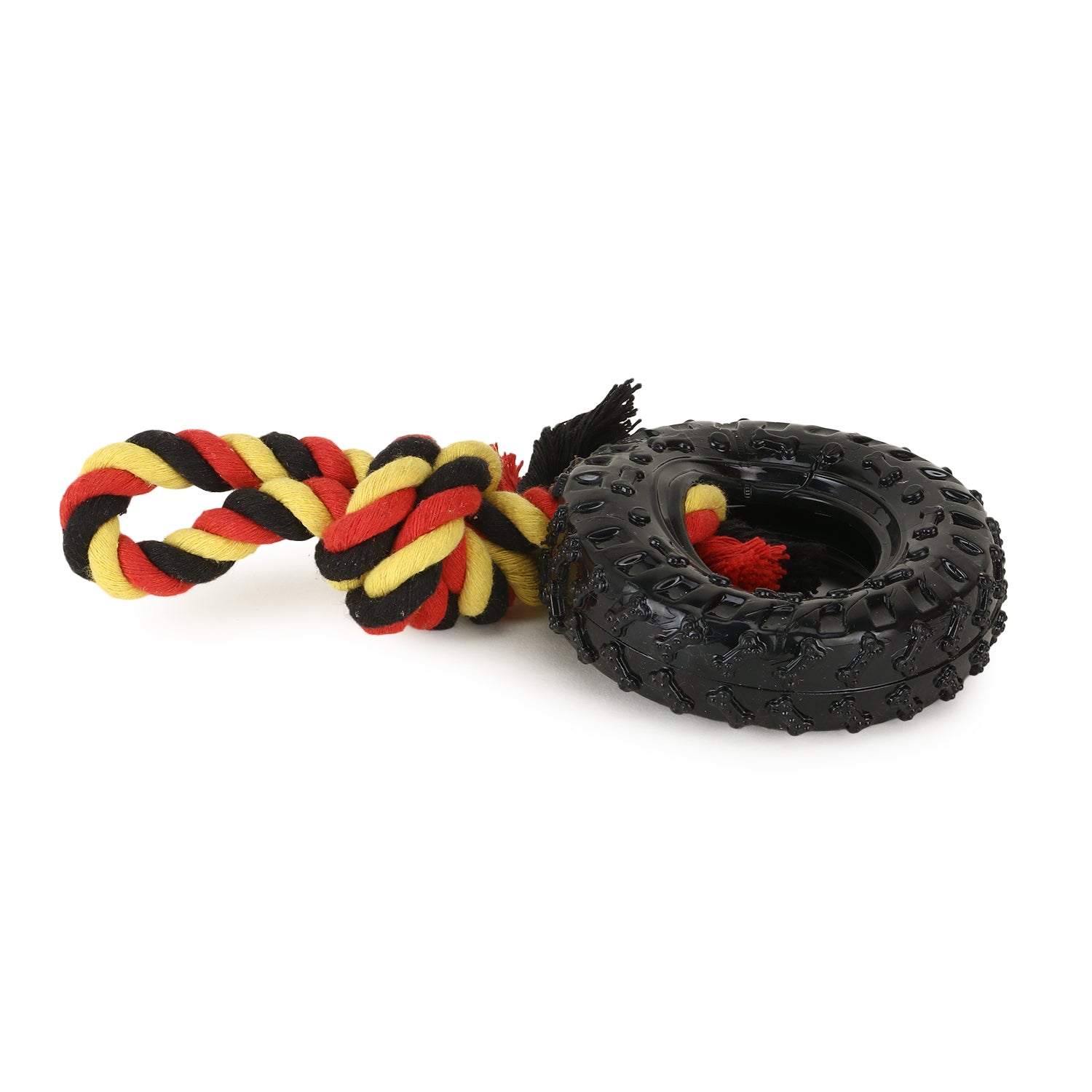 Basil Rubber Tyre with Rope for Tugging Hollow Centre for treat stuffing