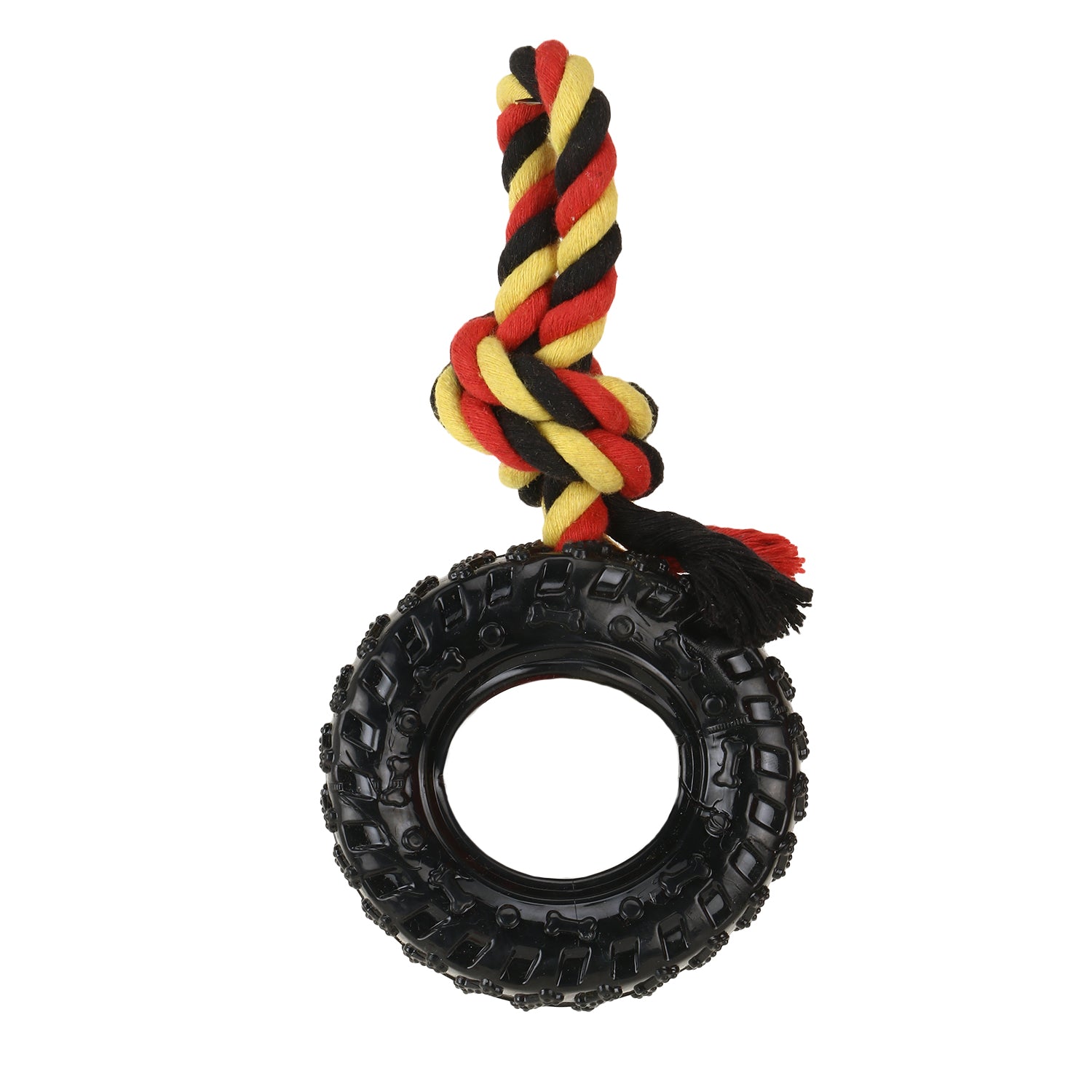 Basil Rubber Tyre with Rope for Tugging Hollow Centre for treat stuffing